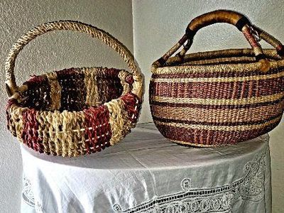 Pair, Used Woven Storage Baskets ; Handwoven Buttocks/Melon Basket and Handwoven African Bolgatanga (Bolga) Market Basket