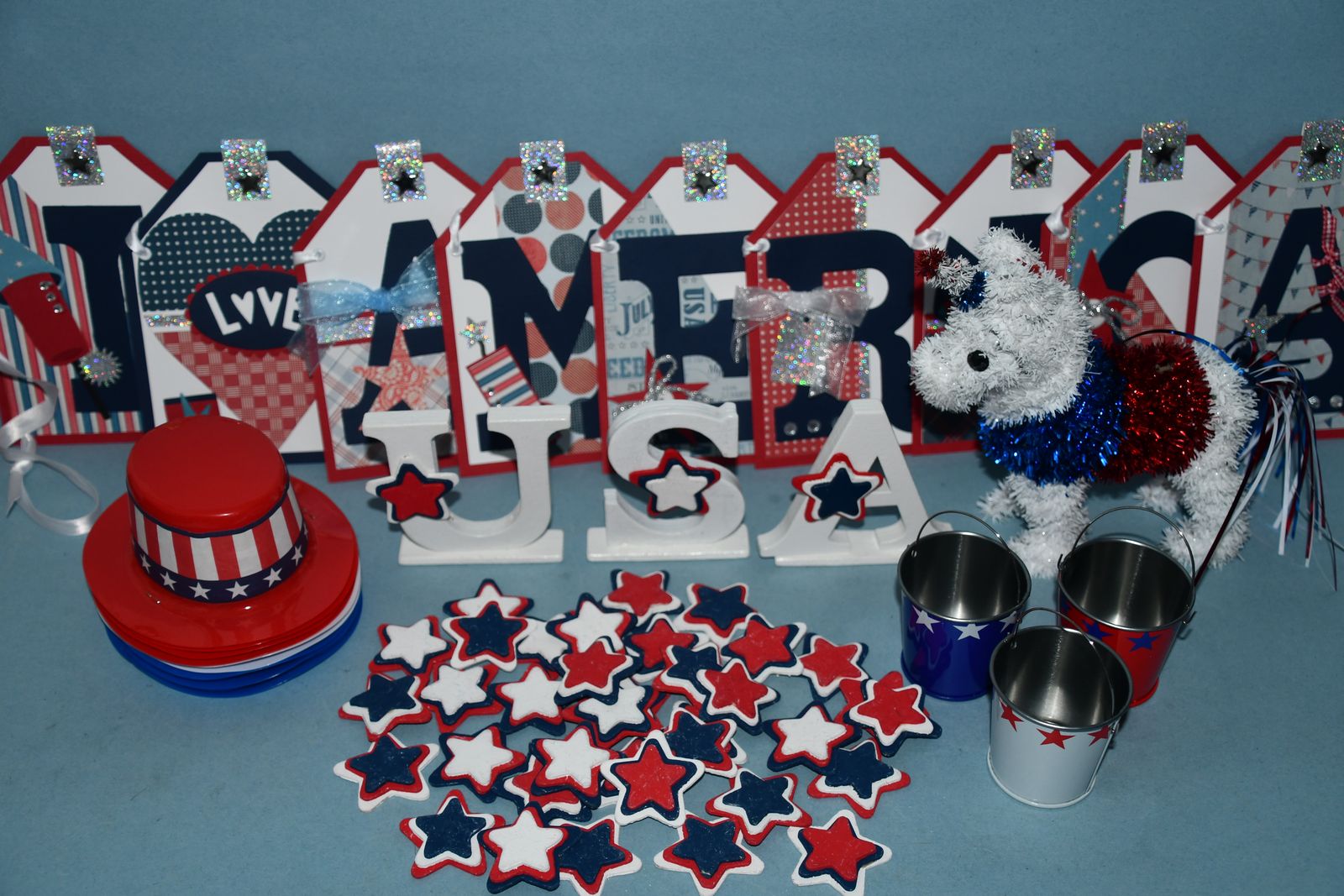 4th of JULY DECOR ~ BANNER, HATS, BUCKETS, USA, STARS, UNICORN ~ ALL FOR $5