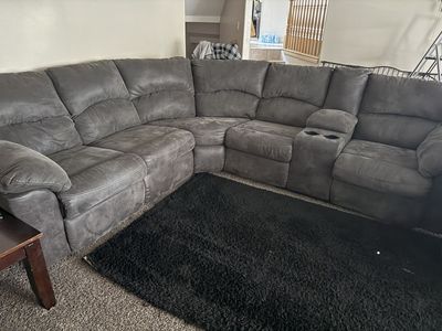 Sectional Couch and Recliner Set - Grey Microfiber with Cupholders, Used