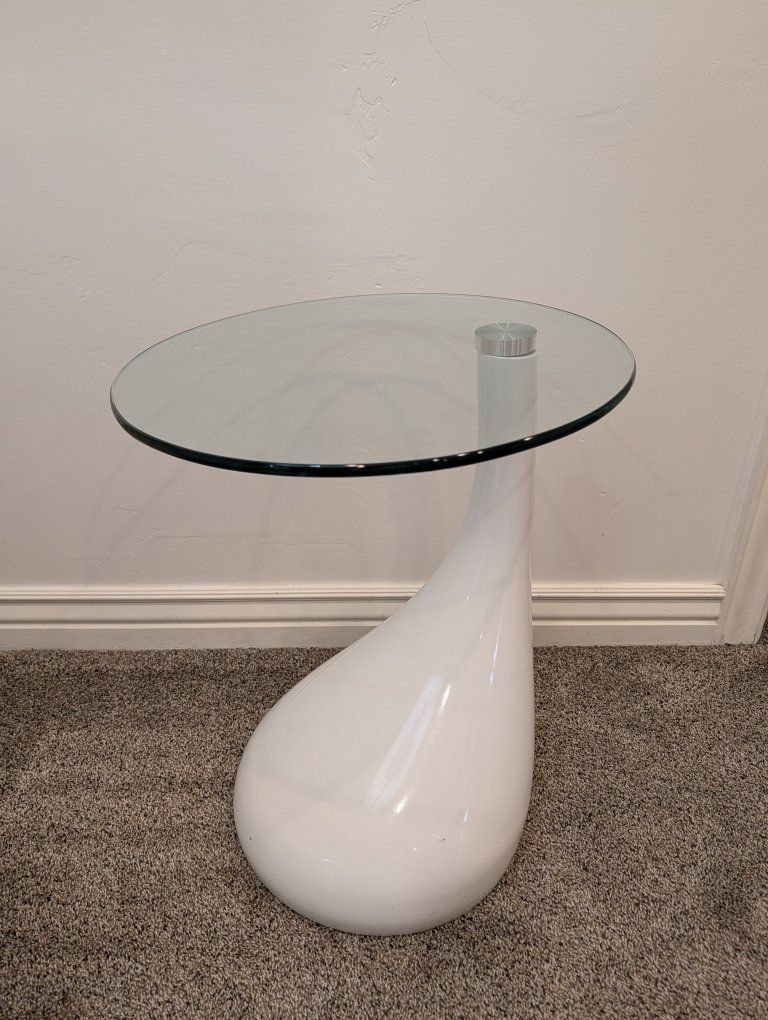 Modern White & Glass Round End Table - Unique Curvy Base Side Table