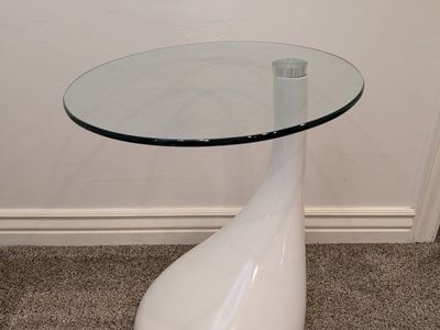 Modern White & Glass Round End Table - Unique Curvy Base Side Table