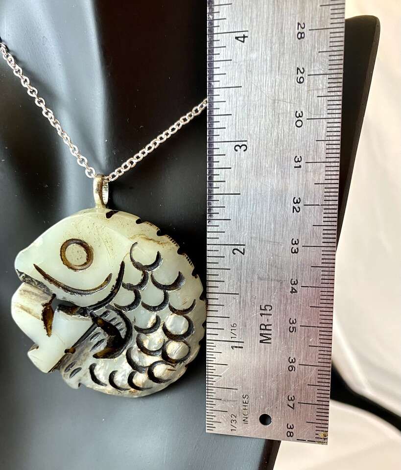 NEW! Large 2.25 inch Engraved Detailed Fish PENDANT on A Thick Natural Stone - Light Green - C PIX