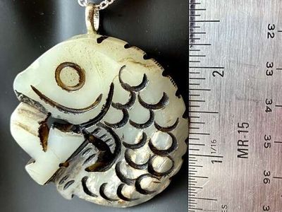 NEW! Large 2.25 inch Engraved Detailed Fish PENDANT on A Thick Natural Stone - Light Green - C PIX