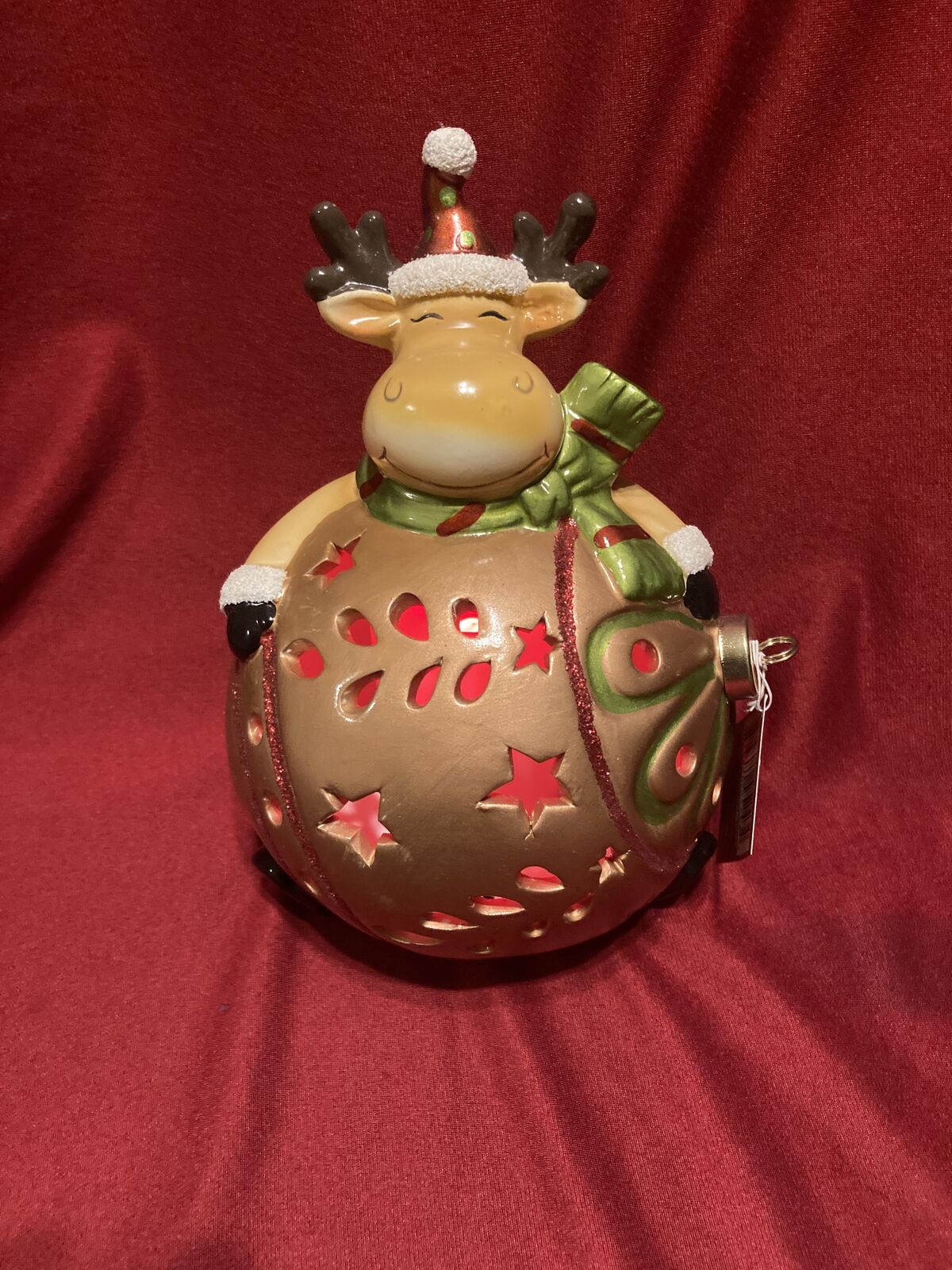 Home Reflections Porcelain Christmas Reindeer Luminary w/Flameless Candle Ornament Ball New With Box