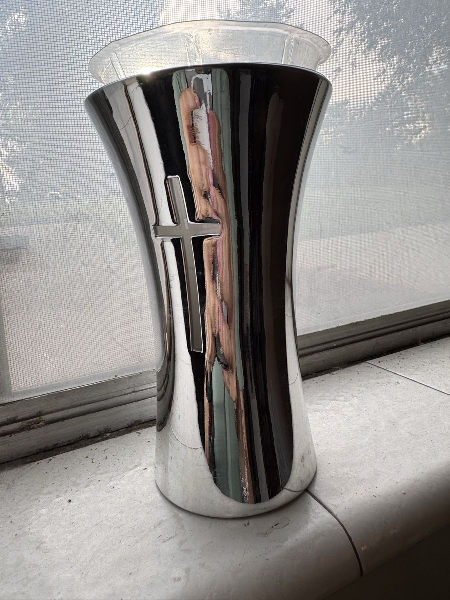 Silver Vase with Cross Cutout, Religious Home Decor