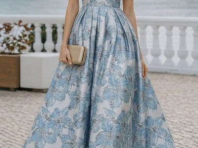 Elegant Light Blue & Silver Floral Jacquard Gown - Size 10 Formal Dress