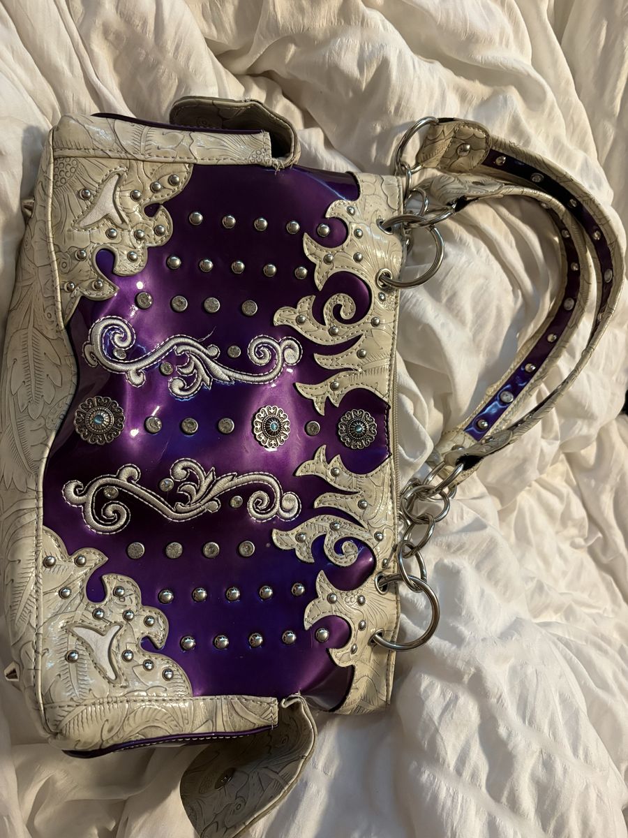 Cowgirl trendy Purple & White Studded Floral Faux Leather Shoulder Bag