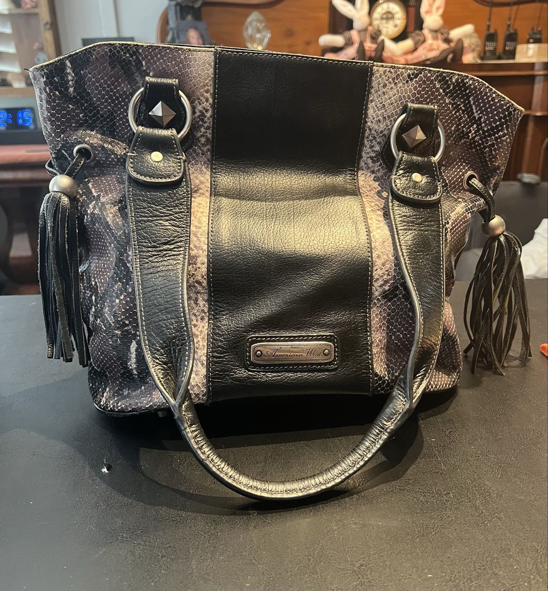 American West Snake Embossed & Black Leather Studded Handbag.