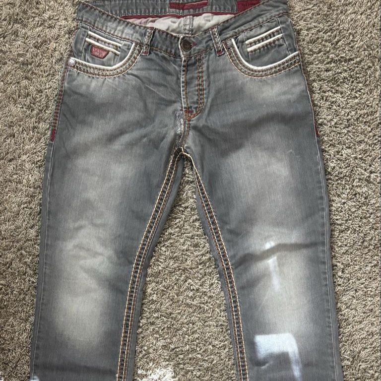 Wam Denim Men's Distressed Blue Straight Leg Jeans, Contrast Stitching - size 36