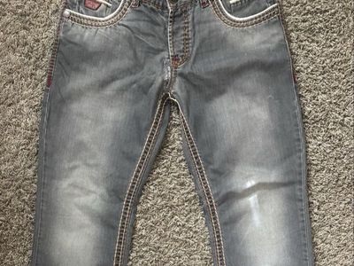 Wam Denim Men's Distressed Blue Straight Leg Jeans, Contrast Stitching - size 36