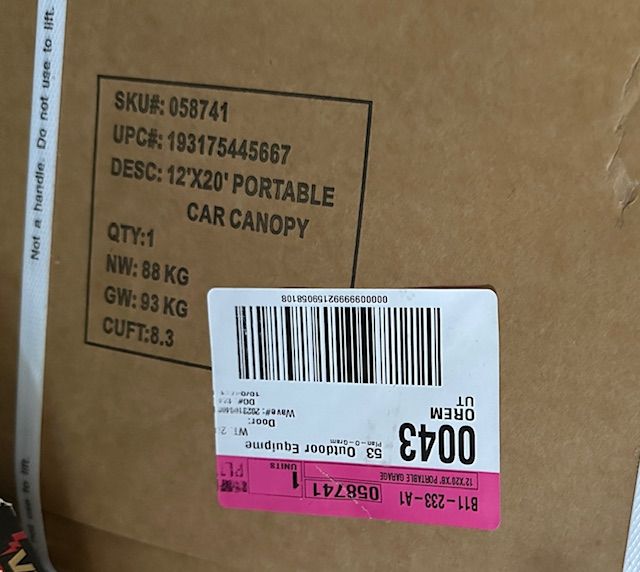 Harbor Freight 12'x20' portable car canopy - sku 058741 For Sale - Unopened