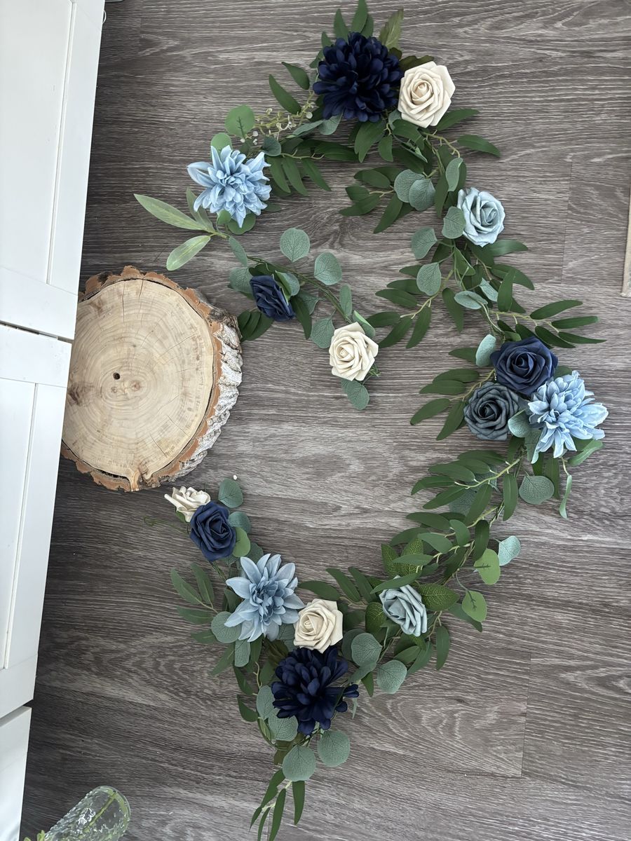 Floral Garland: Navy, Dusty Blue & Ivory Faux Roses and Dahlias with Eucalyptus Greenery