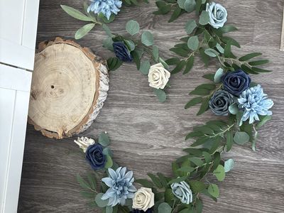 Floral Garland: Navy, Dusty Blue & Ivory Faux Roses and Dahlias with Eucalyptus Greenery