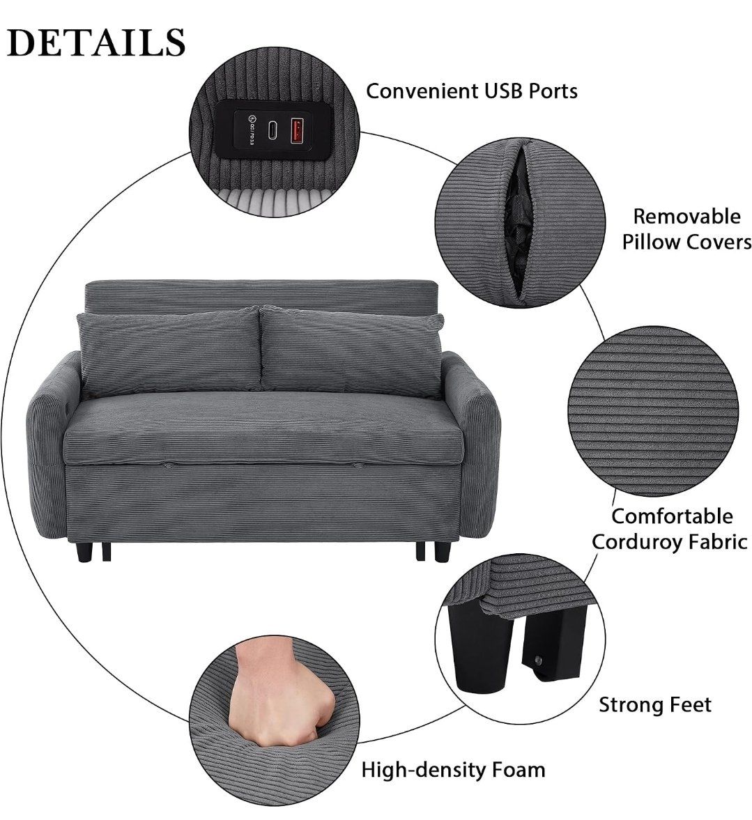 3 in 1 Convertible Sleeper Sofa Bed, Light Grey Corduroy Couch with Adjustable Backrest and Pull-out Bed.