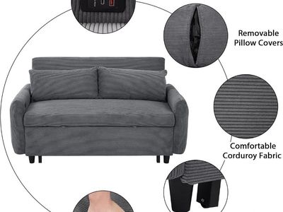 3 in 1 Convertible Sleeper Sofa Bed, Light Grey Corduroy Couch with Adjustable Backrest and Pull-out Bed.
