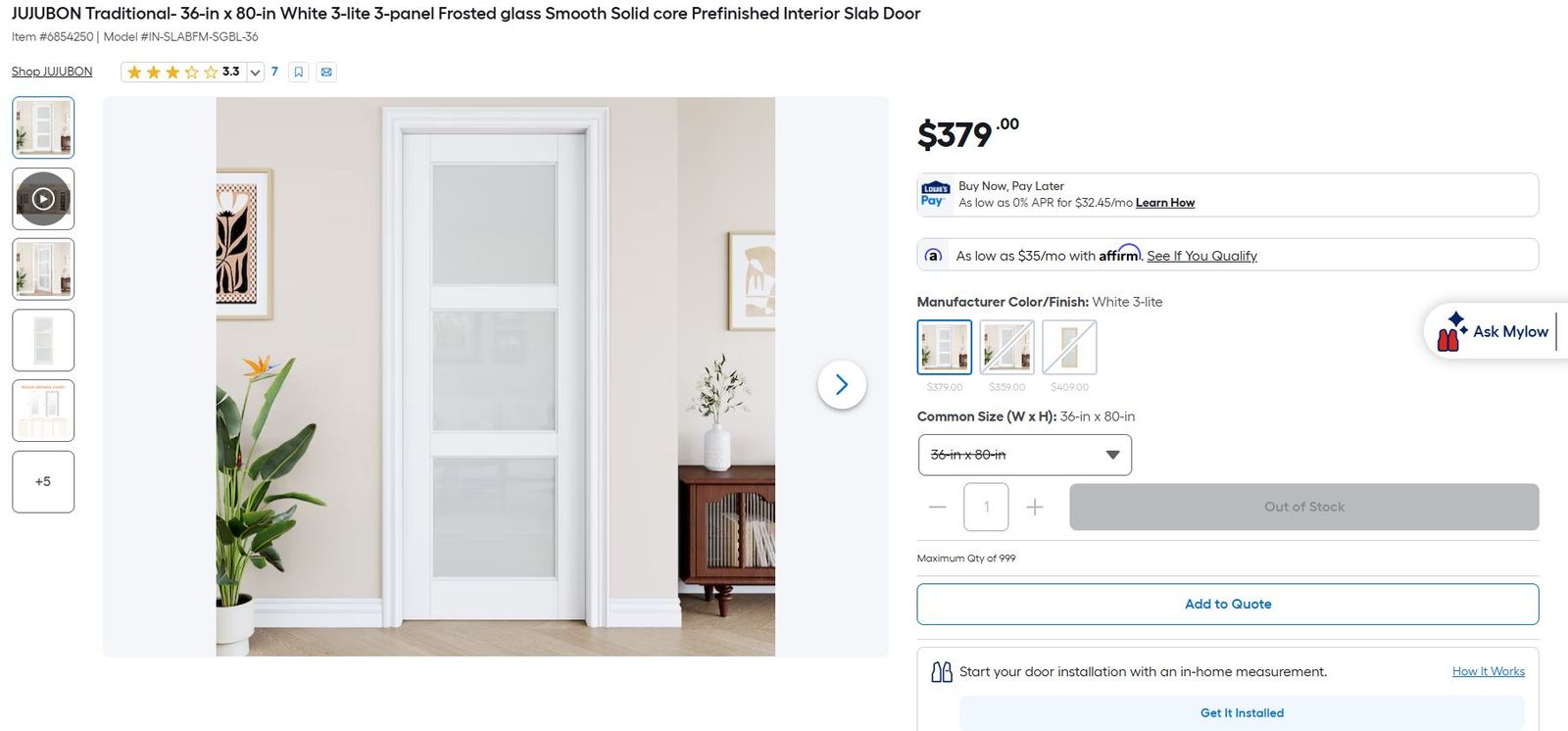 JUJUBON Traditional 36x80in White 3-Lite Frosted Glass Solid Core Pre-Finished Interior Slab Door