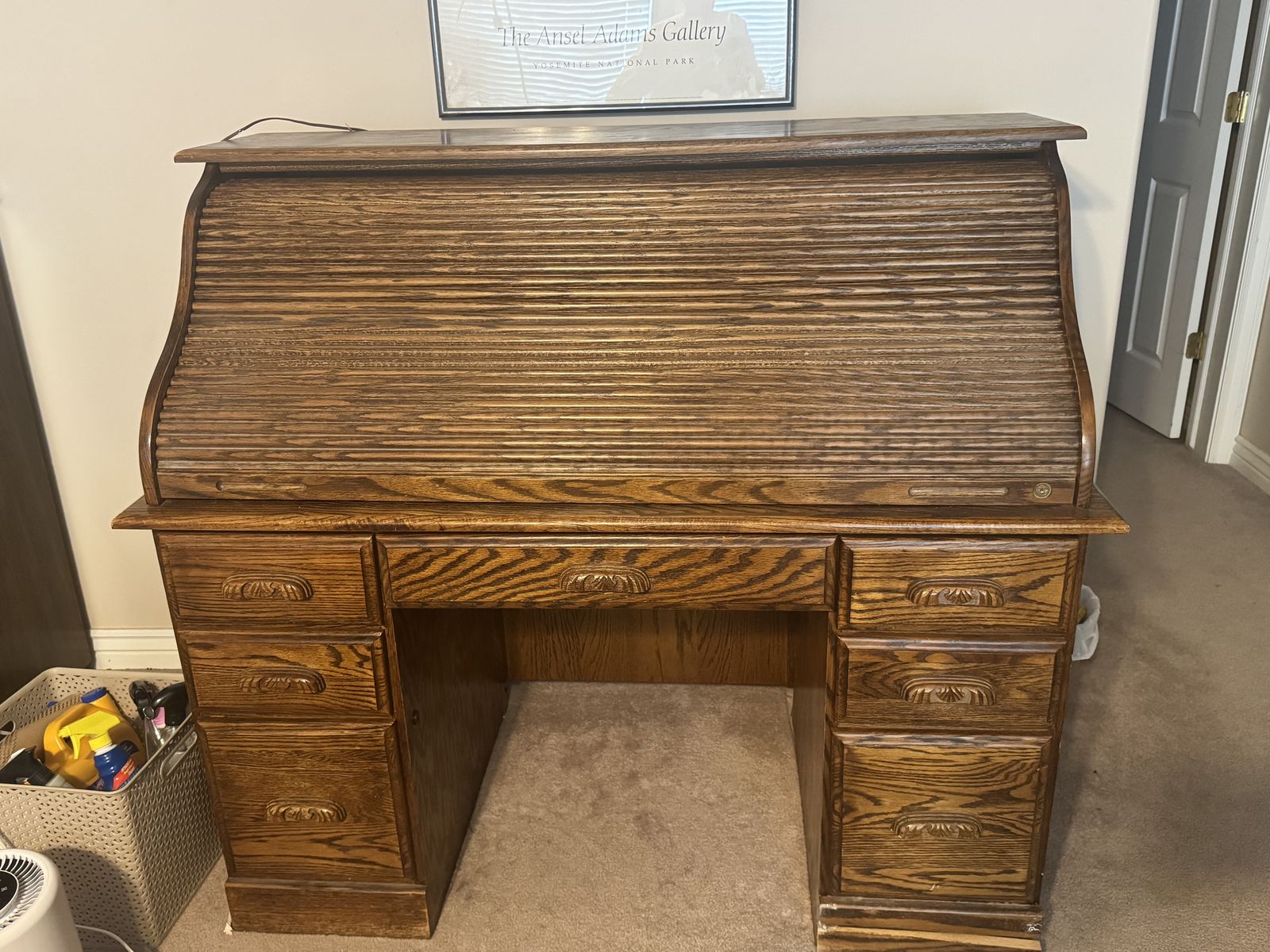 Vintage Wooden Roll Top Desk with Drawers & Internal Cubbies