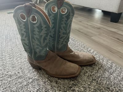Lucchese Handcrafted Square Toe Cowboy Boots - Men's Size 12 - Distressed Brown/Blue