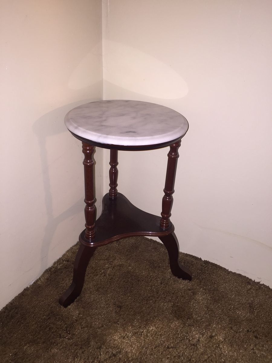 Wooden Round Side Table with White Marble Top