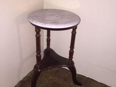 Wooden Round Side Table with White Marble Top
