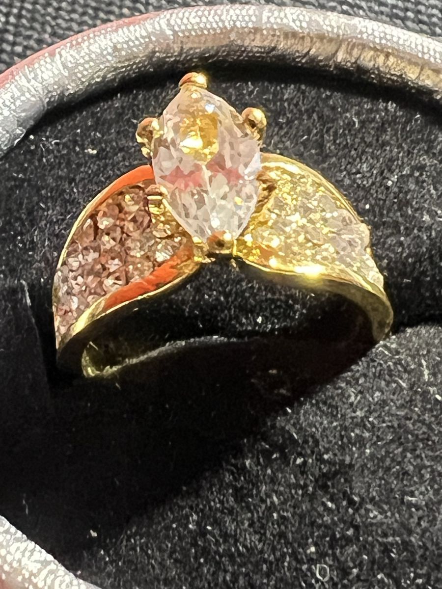 Marquise Cut Solitaire Gold Tone Ring with Pave Accents, Size 7