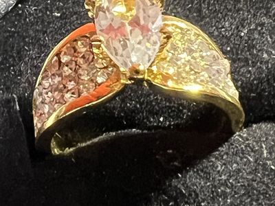 Marquise Cut Solitaire Gold Tone Ring with Pave Accents, Size 7