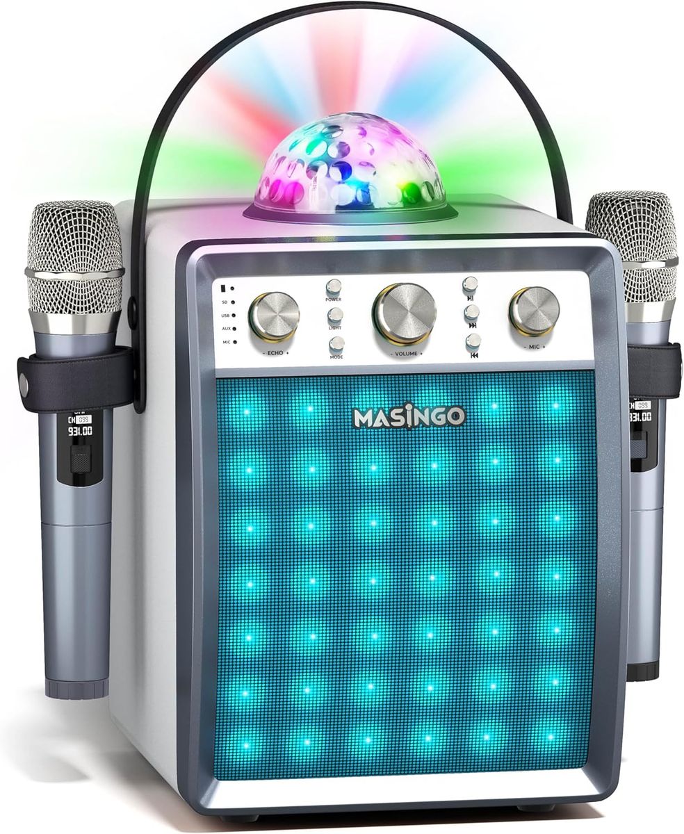 MASINGO Karaoke Machine, 2 Wireless Mic, Portable, PA Speaker System, Disco Ball