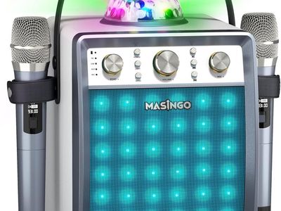 MASINGO Karaoke Machine, 2 Wireless Mic, Portable, PA Speaker System, Disco Ball