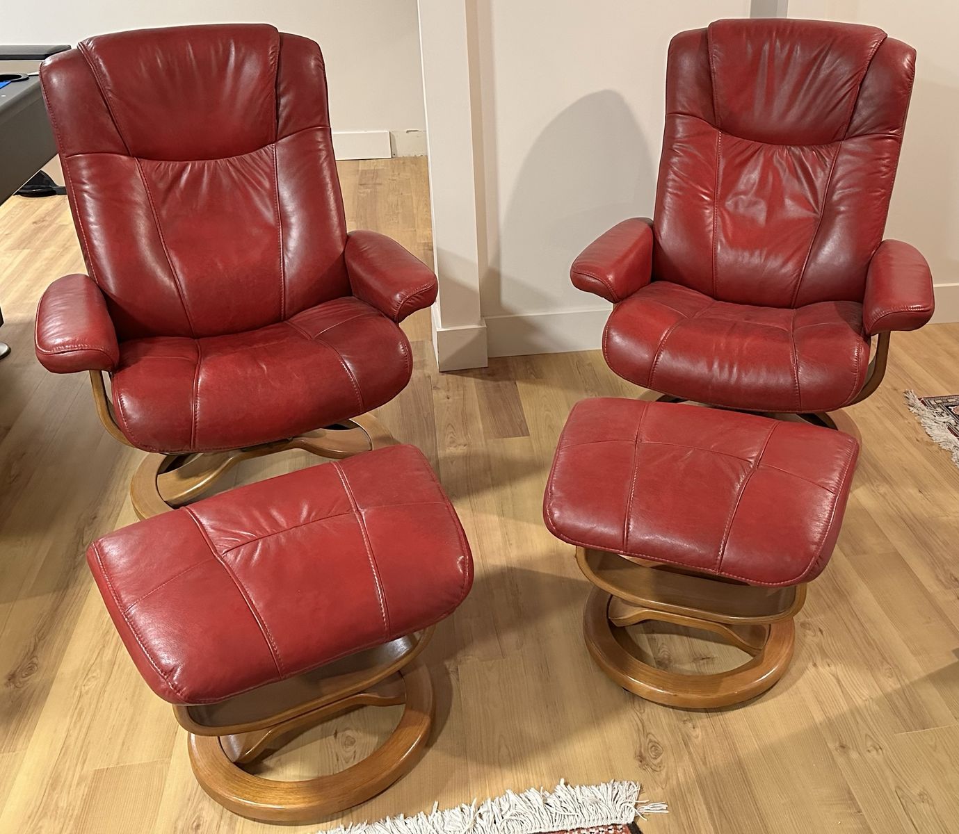 Red Leather Recliner Chairs with Ottomans - Set of 2 Swivel Recliners, Wood Base