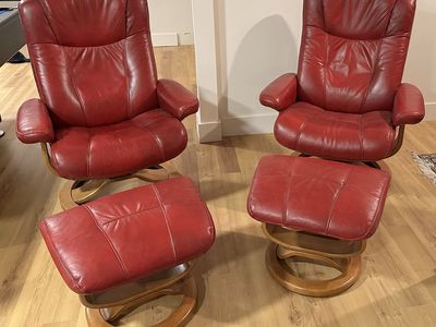 Red Leather Recliner Chairs with Ottomans - Set of 2 Swivel Recliners, Wood Base