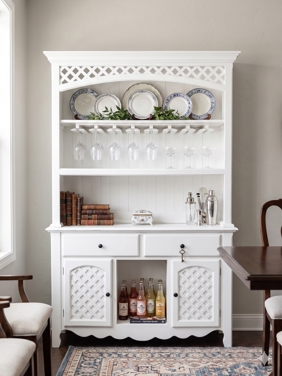 White Wood China Cabinet Hutch with Wine Glass Rack, Lattice Details