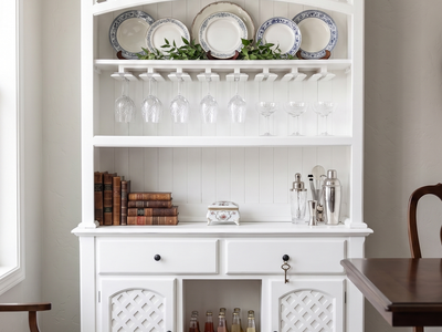 White Wood China Cabinet Hutch with Wine Glass Rack, Lattice Details