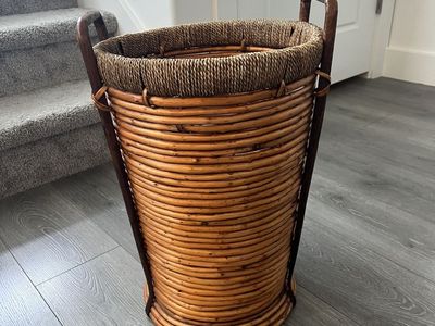 Vintage Boho Rattan Floor Basket Umbrella Stand Planter