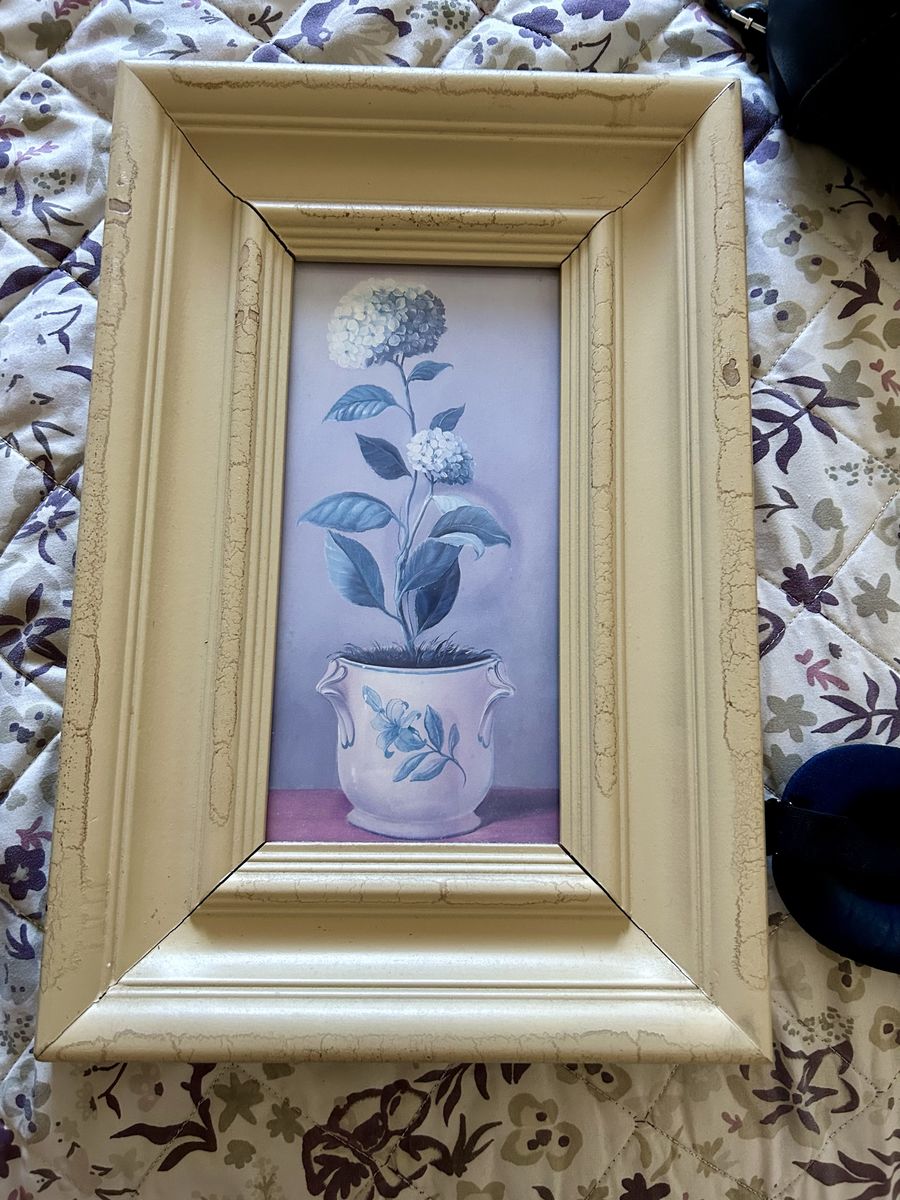 Vintage Blue Hydrangea in a white vase painting with cream colored distressed/crackle finish frame