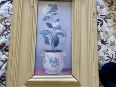 Vintage Blue Hydrangea in a white vase painting with cream colored distressed/crackle finish frame