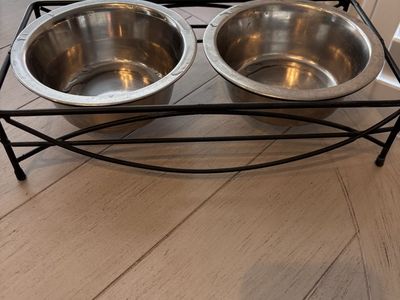 Pet food stand and 2 bowls