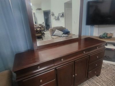 Dark Wood Dresser with Mirror - 8 Drawers & Center Cabinet - Excellent Condition