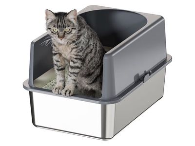 Booche High-Sided Stainless Steel Cat Litter Box,Stainless Steel Litter Box with Lid,Extra Medium Box,Easy-to-Clean Metal Litter