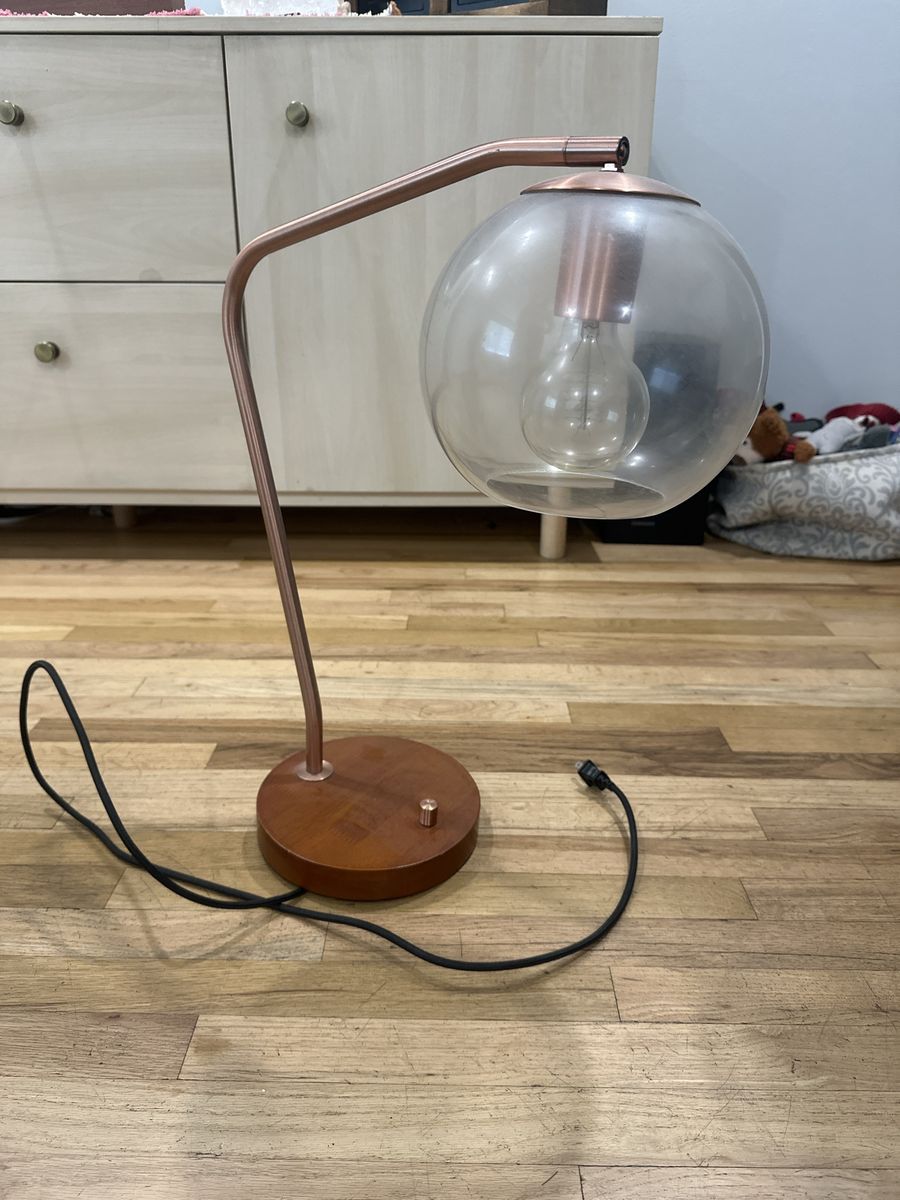 Modern Mid-Century Style Desk Lamp - Copper Finish, Wood Base, Clear Glass Shade