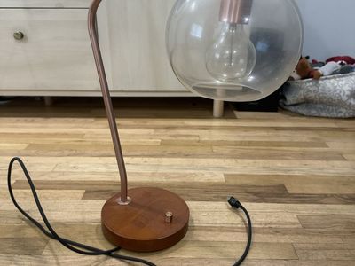 Modern Mid-Century Style Desk Lamp - Copper Finish, Wood Base, Clear Glass Shade