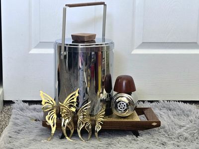 Mid-Century MCM Kromex Barware Set - Ice Bucket, Shaker, Electric Tray & Butterfly Wall Decor