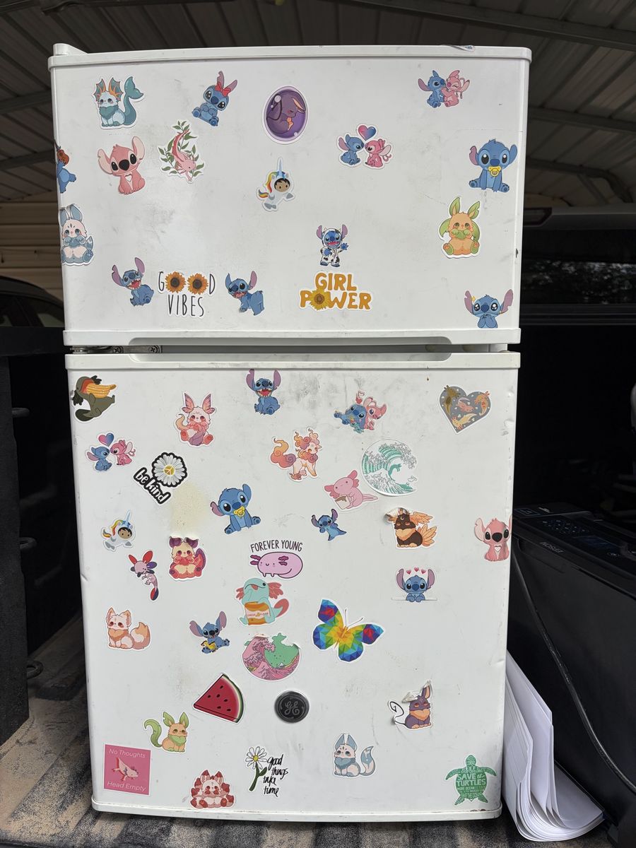 GE Compact Refrigerator with Sticker Decals