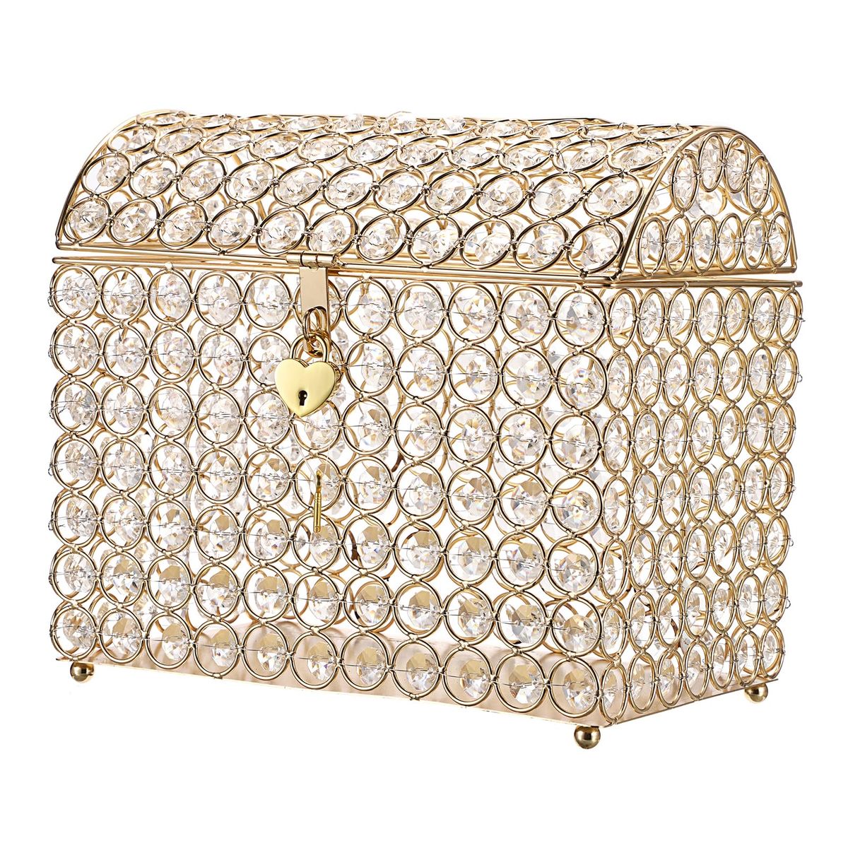 New! ELLDOO Crystal Wedding Card Box with Heart Lock, Money Card Box Treasure Chest Style Gold Gift for Wedding Receptions