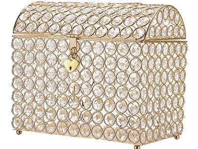 New! ELLDOO Crystal Wedding Card Box with Heart Lock, Money Card Box Treasure Chest Style Gold Gift for Wedding Receptions