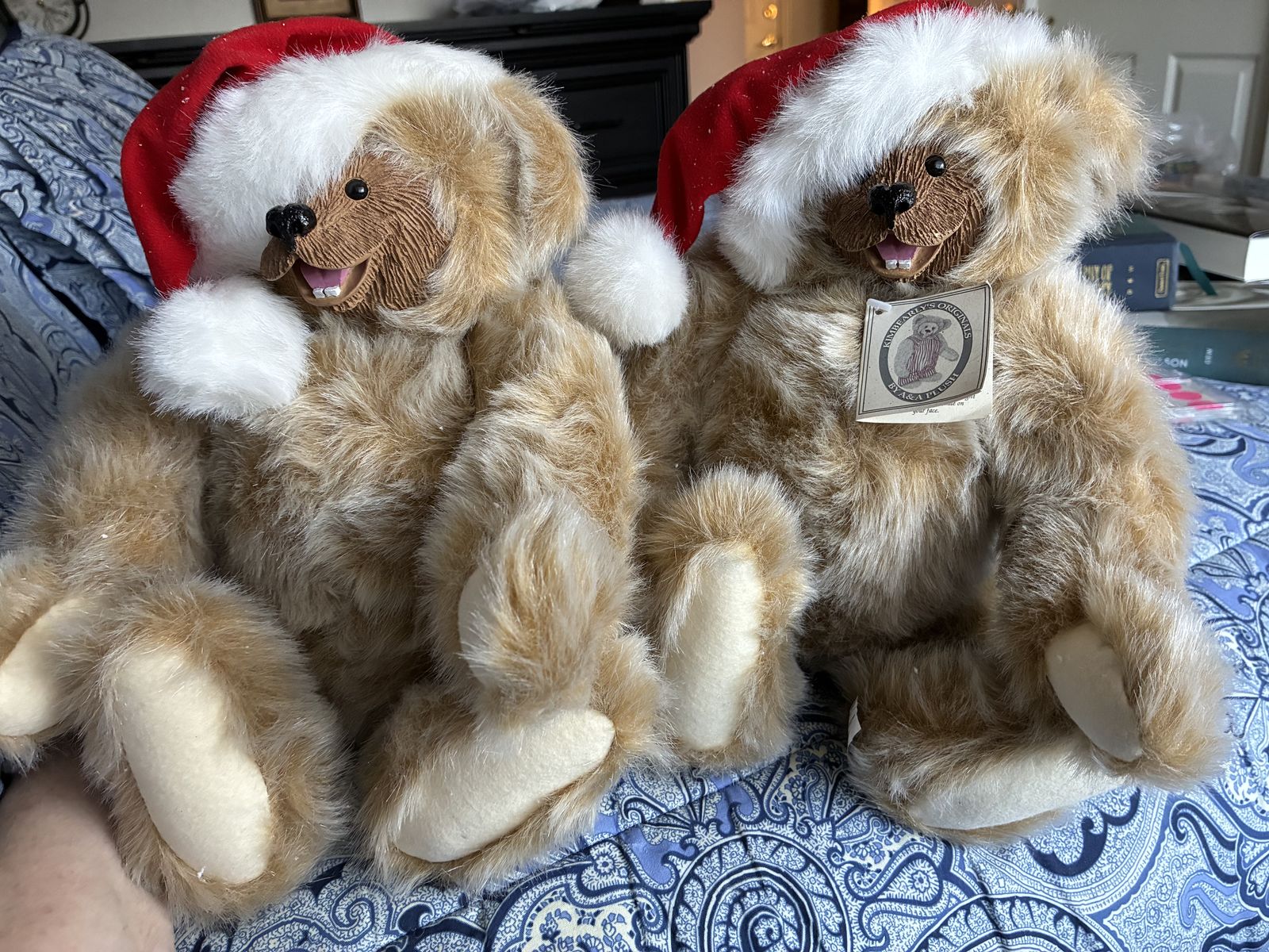 Vintage Kimbearly's Originals Plush Teddy Bears with Santa Hats - Set of 2
