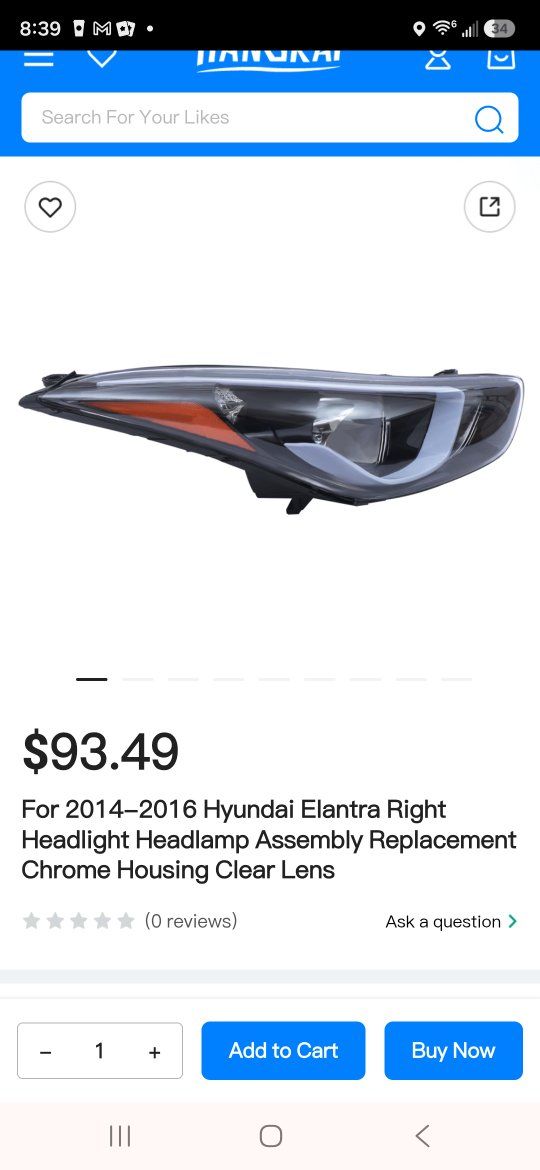 2014-2016 Hyundai Elantra Right headlight