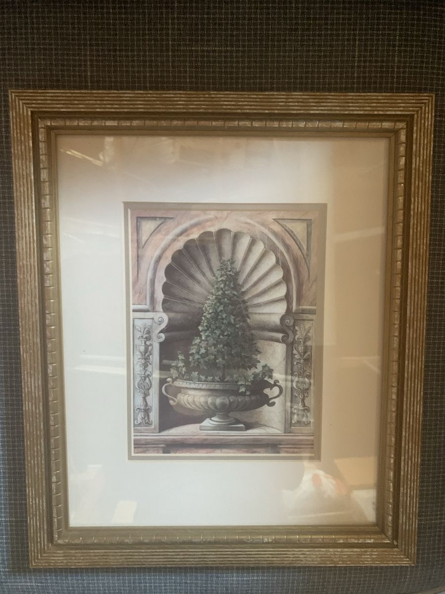 Assorted picture frames plus small rug