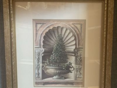 Assorted picture frames plus small rug