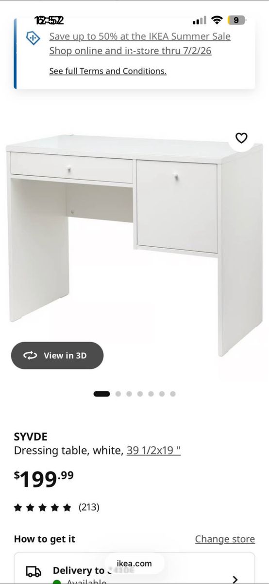 IKEA SYVDE White Dressing Table 39.5" x 19" with Storage Drawer