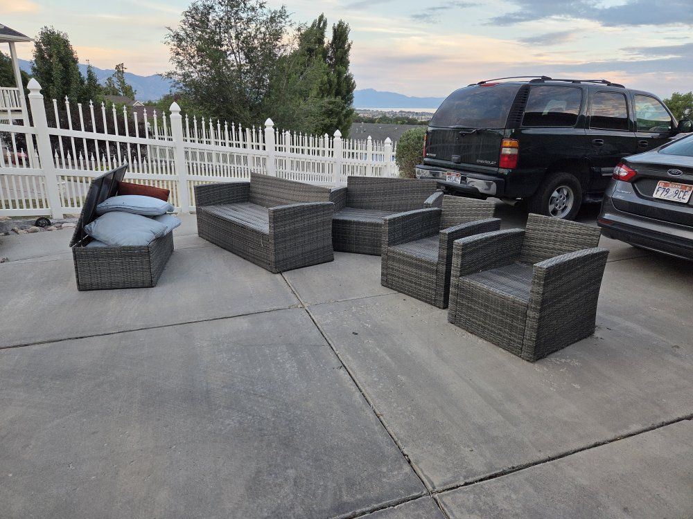 Gray Wicker Patio Conversation Set - Sofa, Loveseat, 2 Chairs, Storage Box